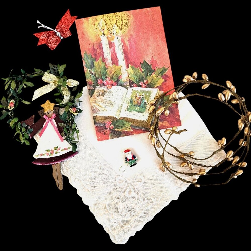 Vintage Hankie Instant Christmas Collection Wood Ornament Decor Bundle